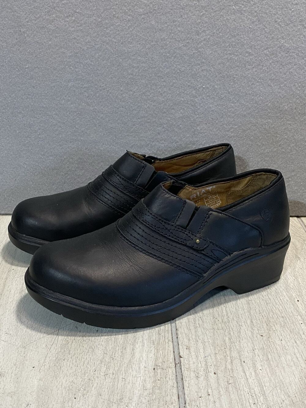ARIAT Steel Toe Slip Resistant Black Leather Slip On Safety Clogs Womens 8.5 C
